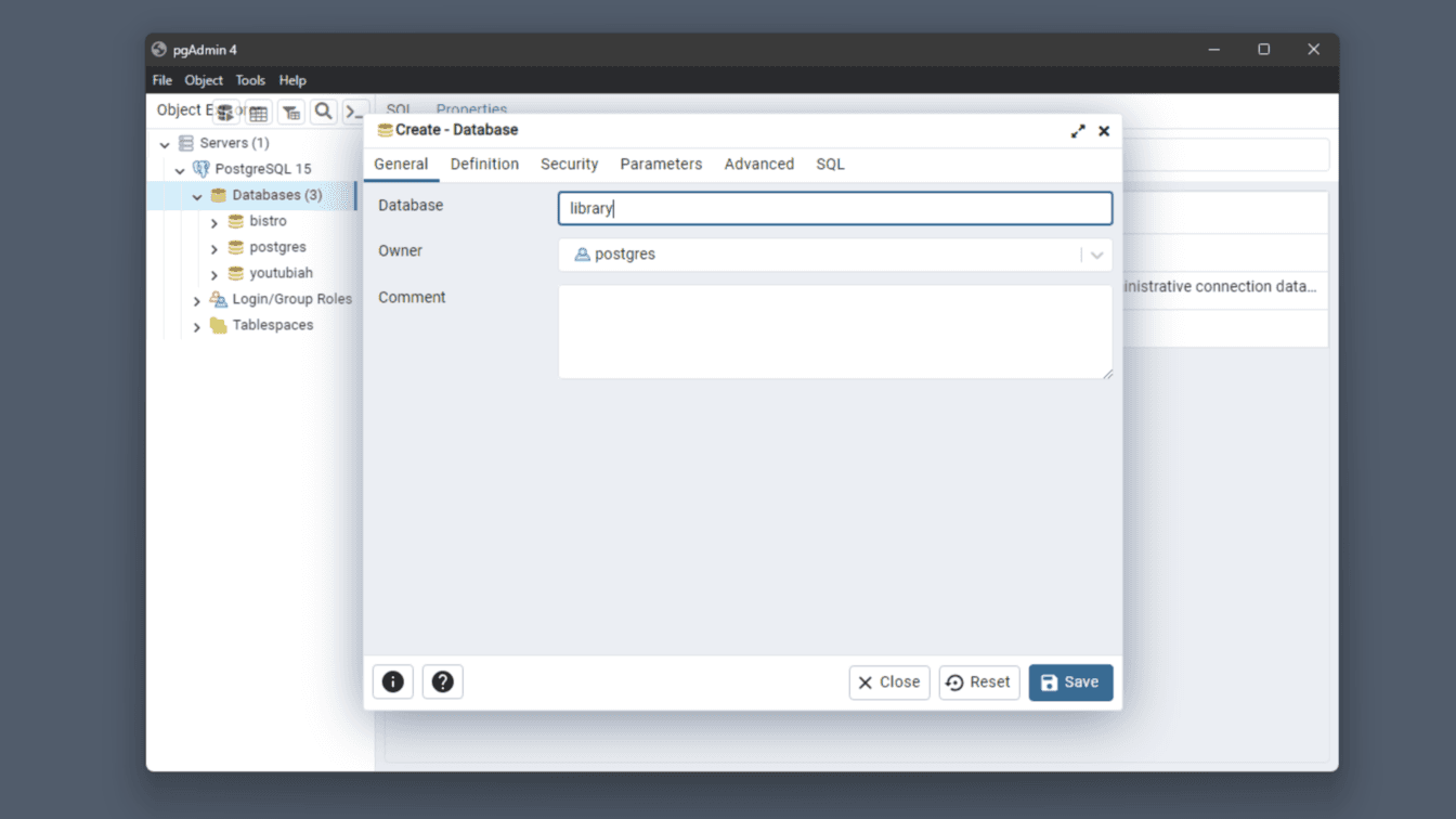 create a database on pgadmin